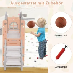 Kinder Rutsche 9 in 1 Kinderrutsche mit Basketballkorb Klettergerüst Tunnel Teleskop & Stauraum Rosa+Grau