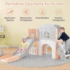 Kinder Rutsche 9 in 1 Kinderrutsche mit Basketballkorb Klettergerüst Tunnel Teleskop & Stauraum Rosa+Grau