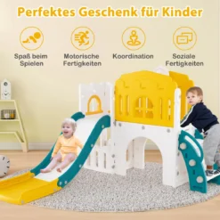 Kinder Rutsche 9 in 1 Kinderrutsche mit Basketballkorb Klettergerüst Tunnel Teleskop & Stauraum Gelb+Grün