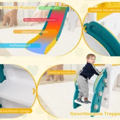 Kinder Rutsche 9 in 1 Kinderrutsche mit Basketballkorb Klettergerüst Tunnel Teleskop & Stauraum Gelb+Grün