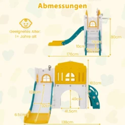 Kinder Rutsche 9 in 1 Kinderrutsche mit Basketballkorb Klettergerüst Tunnel Teleskop & Stauraum Gelb+Grün