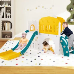 Kinder Rutsche 9 in 1 Kinderrutsche mit Basketballkorb Klettergerüst Tunnel Teleskop & Stauraum Gelb+Grün