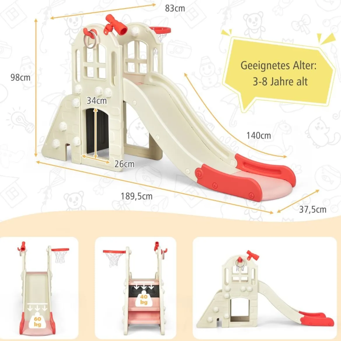 Kinderrutsche Kletterrutsche mit Basketballkorb Ball Ringwurf und Teleskop 189,5 x 83 x 98 cm Rosa