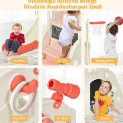 Kinderrutsche Kletterrutsche mit Basketballkorb Ball Ringwurf und Teleskop 189,5 x 83 x 98 cm Rosa