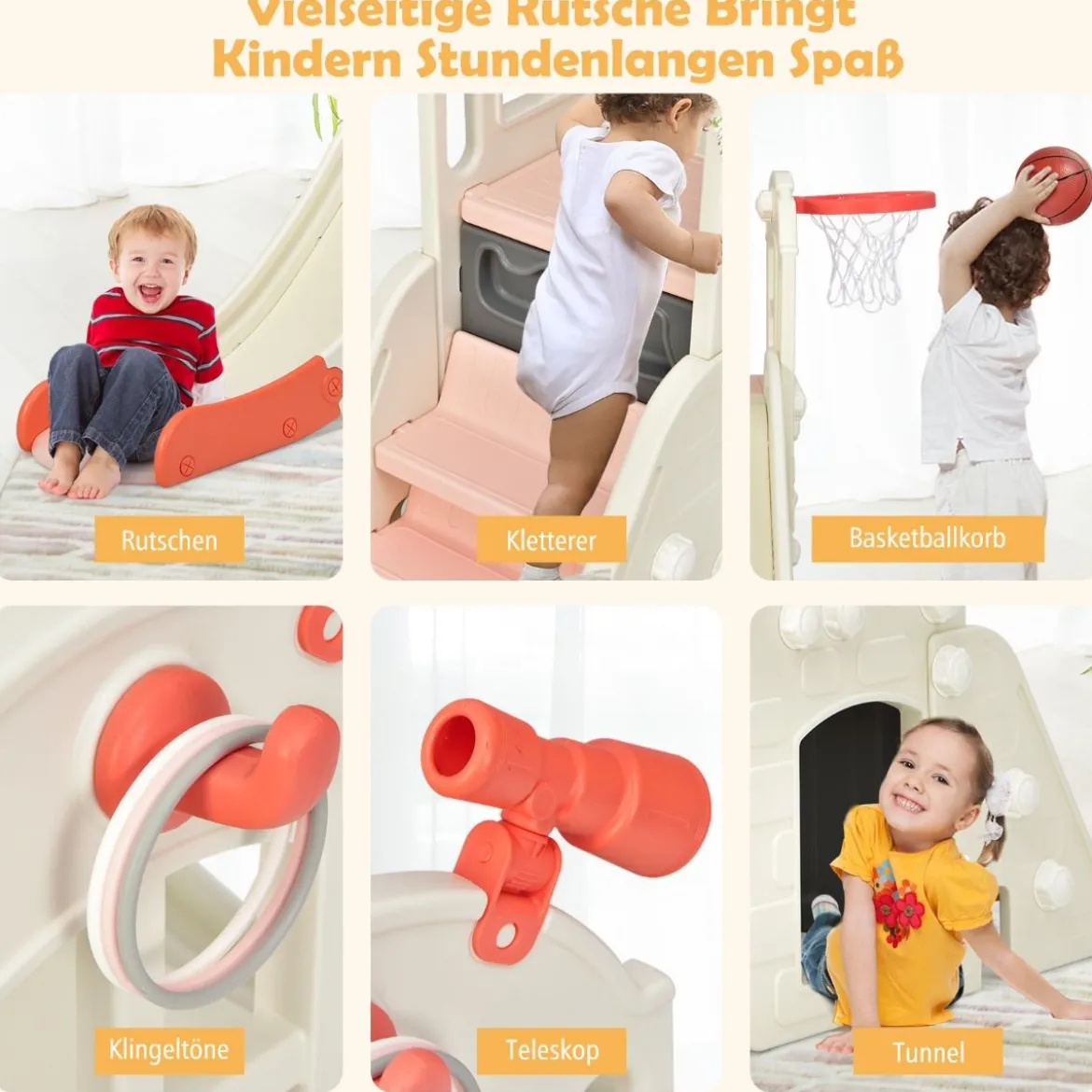 Kinderrutsche Kletterrutsche mit Basketballkorb Ball Ringwurf und Teleskop 189,5 x 83 x 98 cm Rosa