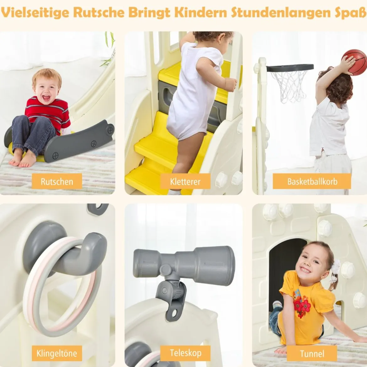 Kinderrutsche Kletterrutsche mit Basketballkorb Ball Ringwurf und Teleskop 189,5 x 83 x 98 cm Gelb