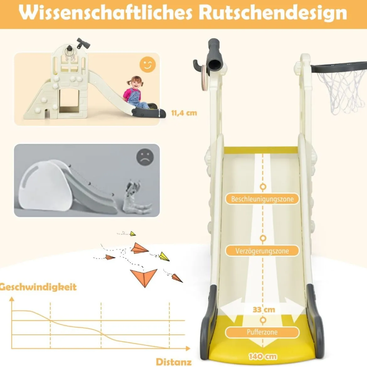 Kinderrutsche Kletterrutsche mit Basketballkorb Ball Ringwurf und Teleskop 189,5 x 83 x 98 cm Gelb