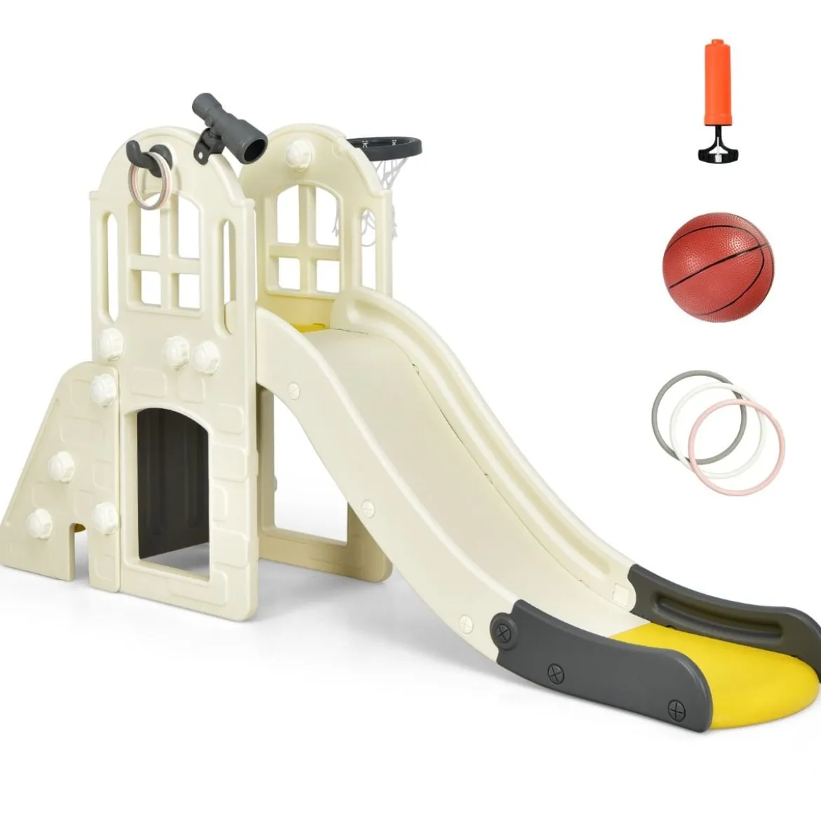 Kinderrutsche Kletterrutsche mit Basketballkorb Ball Ringwurf und Teleskop 189,5 x 83 x 98 cm Gelb