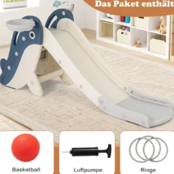 Kinder Rutsche mit Basketballkorb & Ringwurf Freistehendes Rutschespielset Klappbare Kinderrutsche