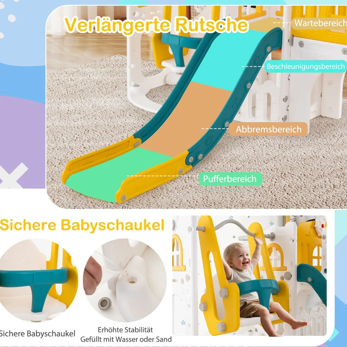 Kinder Rutsche mit Klettergerüst & Schaukel Rutschenset mit Schaukel Grün + Gelb