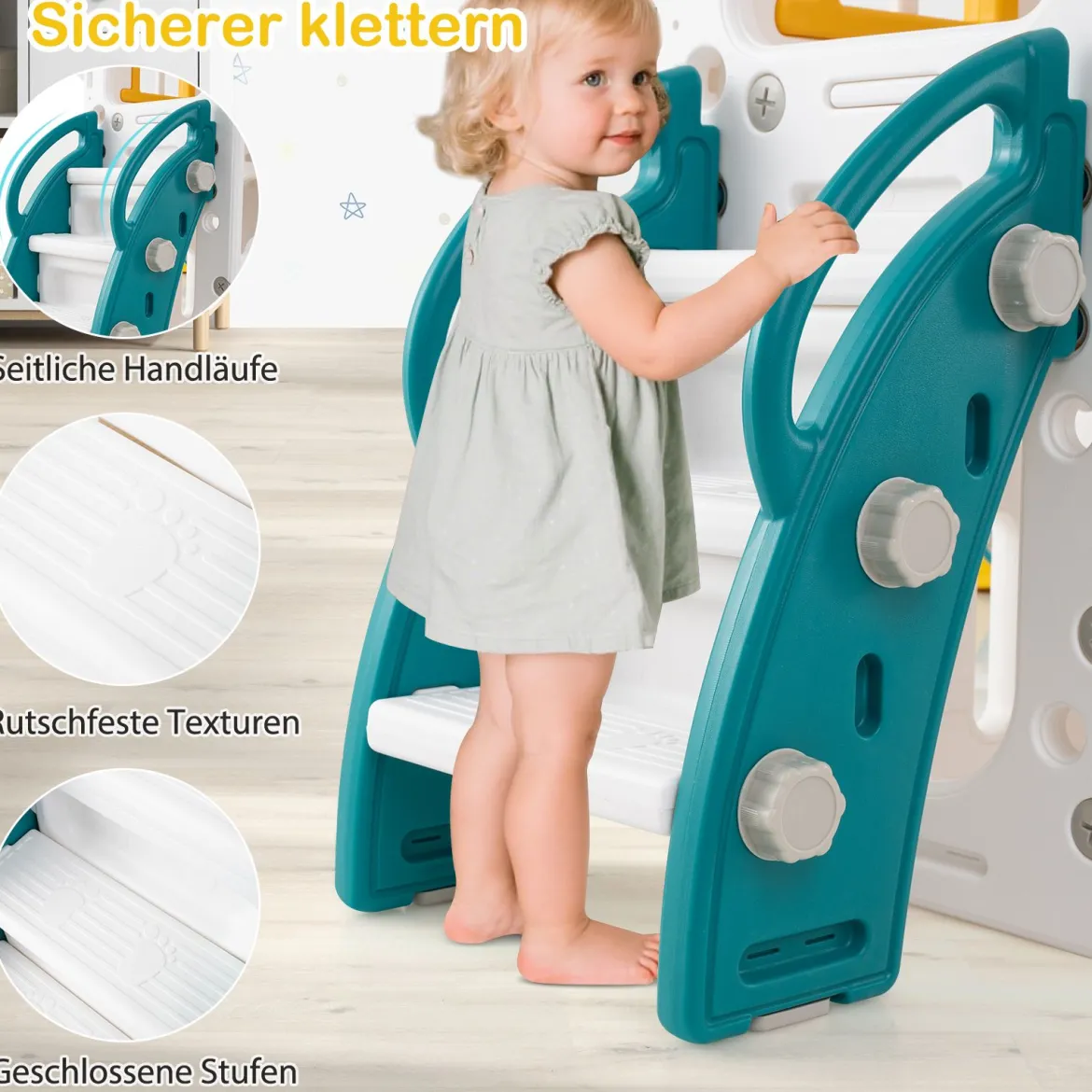 Kinder Rutsche mit Klettergerüst & Schaukel Rutschenset mit Schaukel Grün + Gelb