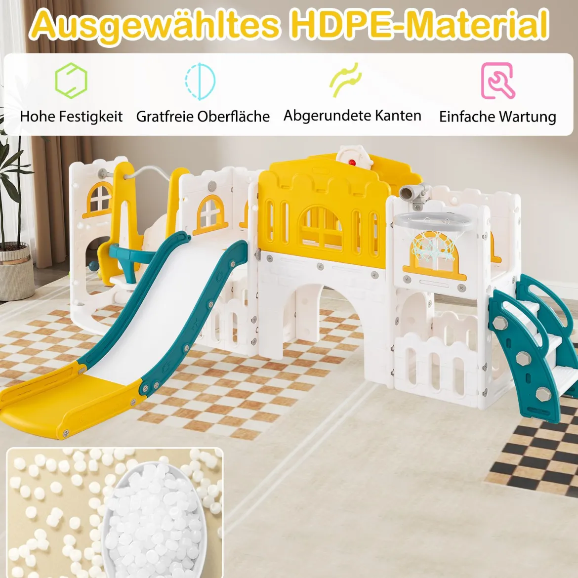 Kinder Rutsche mit Klettergerüst & Schaukel Rutschenset mit Schaukel Grün + Gelb
