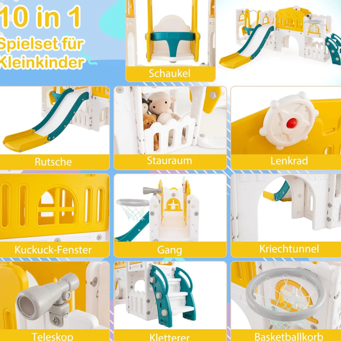 Kinder Rutsche mit Klettergerüst & Schaukel Rutschenset mit Schaukel Grün + Gelb