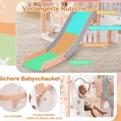 Kinder Rutsche mit Klettergerüst & Schaukel Rutschenset mit Schaukel Basketballkorb Teleskop Lenkrad Grau + Rosa