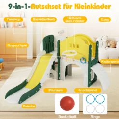 Kinder Rutsche mit Klettergerüst & Spieltunnel Rutsche Set mit Basketballkorb & Wurfspiel & Teleskop