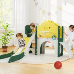 Kinder Rutsche mit Klettergerüst & Spieltunnel Rutsche Set mit Basketballkorb & Wurfspiel & Teleskop