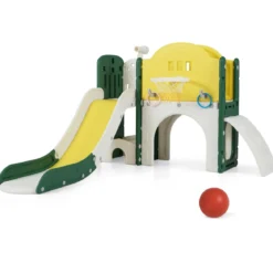 Kinder Rutsche mit Klettergerüst & Spieltunnel Rutsche Set mit Basketballkorb & Wurfspiel & Teleskop