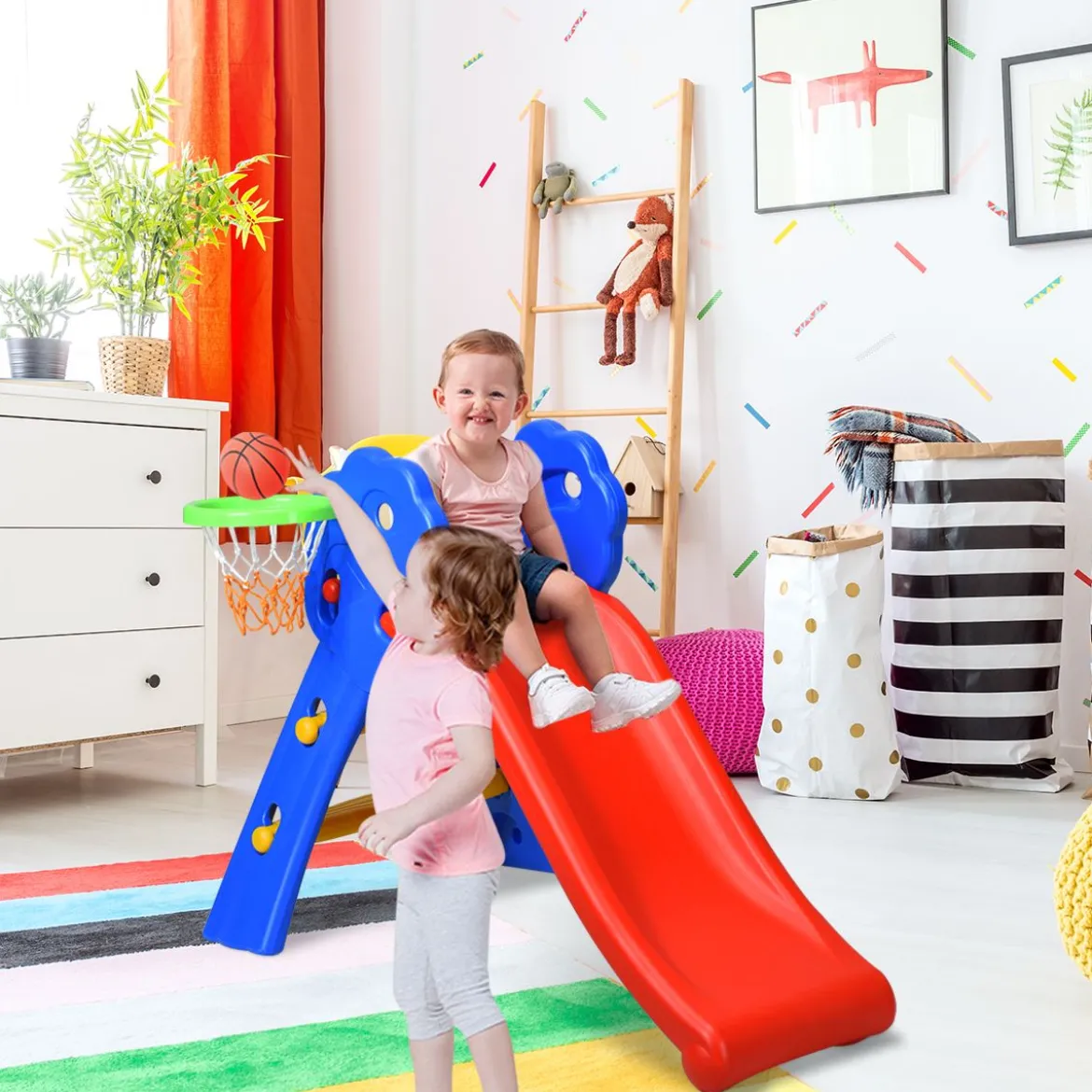 Kinderrutsche Rutschbahn Gartenrutsche für Indoor und Outdoor mit Basketballkorb 108 x 58 x 71,5 cm Bunt