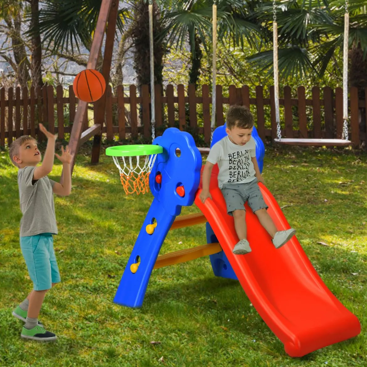 Kinderrutsche Rutschbahn Gartenrutsche für Indoor und Outdoor mit Basketballkorb 108 x 58 x 71,5 cm Bunt