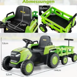 Kinder Rutsch-Traktor Elektrofahrzeug mit abnehmbaren Anhänger & Fernbedienung Rutschauto Grün