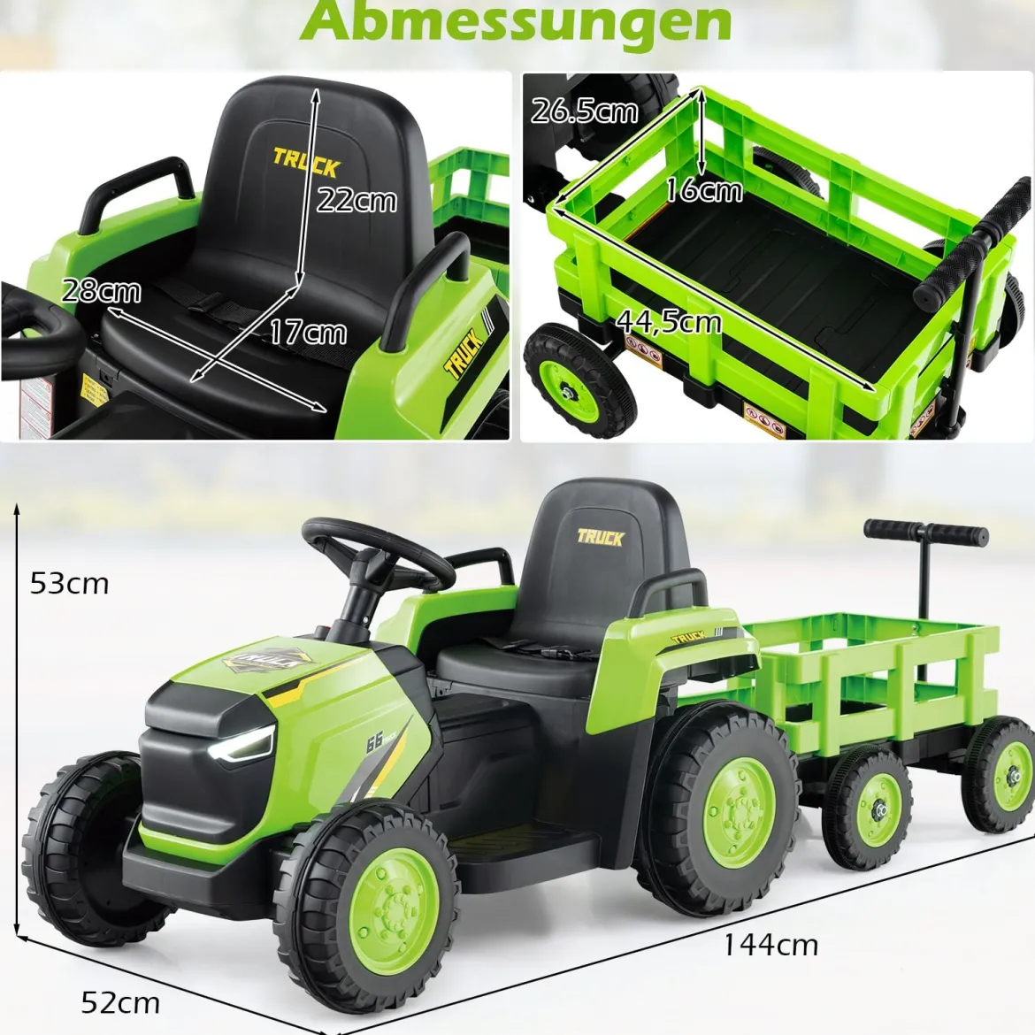 Kinder Rutsch-Traktor Elektrofahrzeug mit abnehmbaren Anhänger & Fernbedienung Rutschauto Grün
