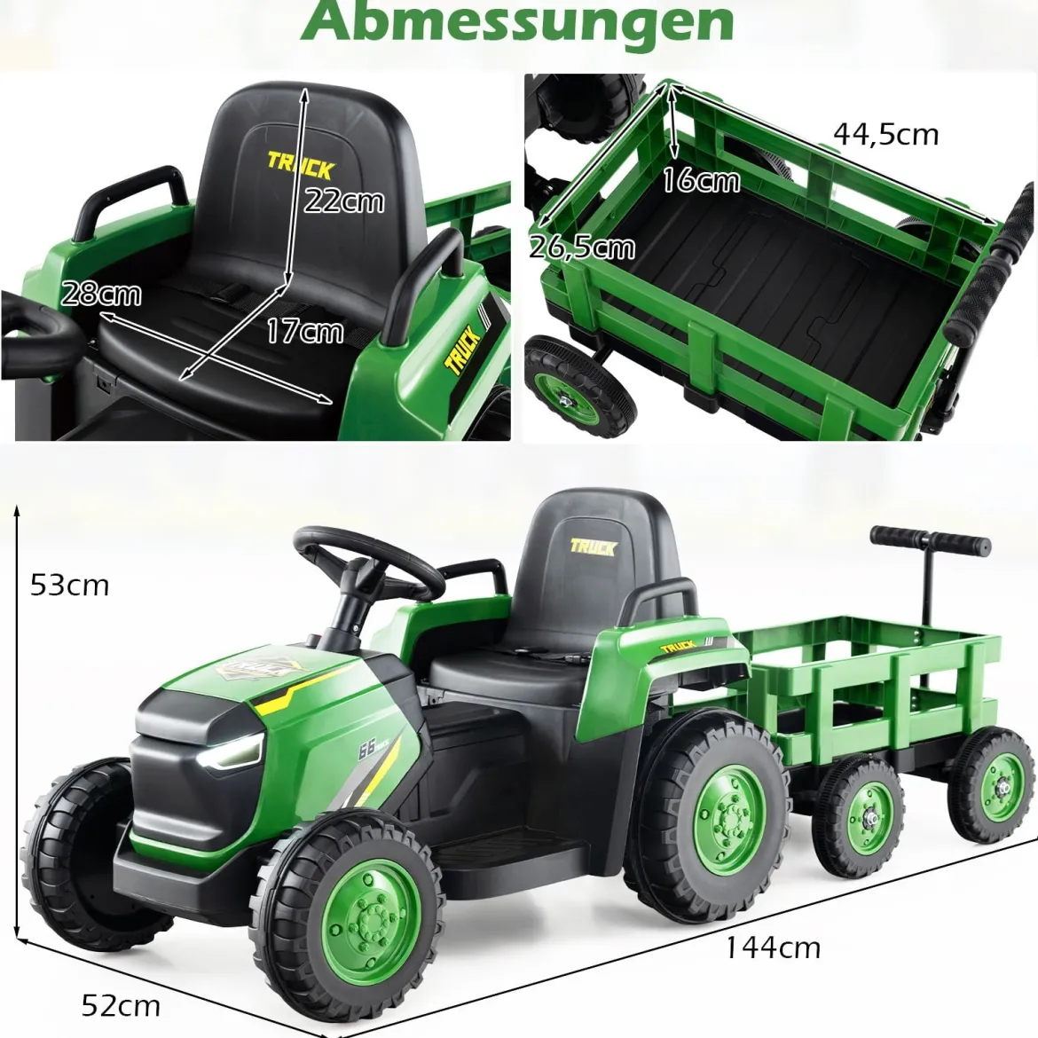 Kinder Rutsch-Traktor Elektrofahrzeug mit abnehmbaren Anhänger & Fernbedienung Rutschauto Dunkelgrün