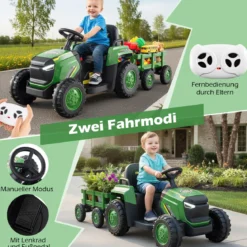 Kinder Rutsch-Traktor Elektrofahrzeug mit abnehmbaren Anhänger & Fernbedienung Rutschauto Dunkelgrün