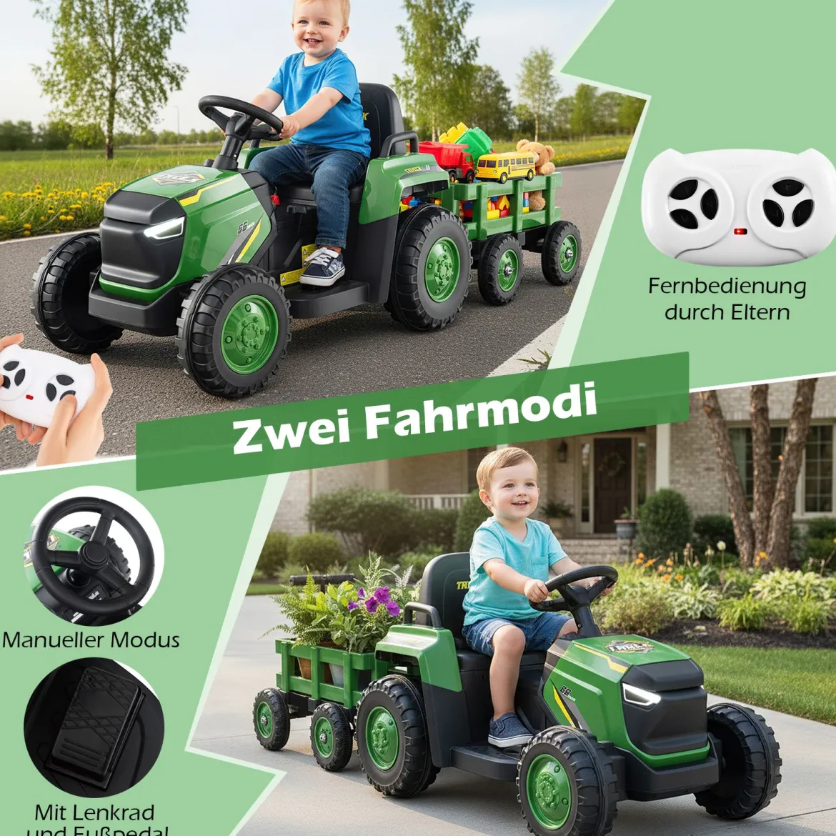 Kinder Rutsch-Traktor Elektrofahrzeug mit abnehmbaren Anhänger & Fernbedienung Rutschauto Dunkelgrün