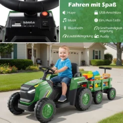 Kinder Rutsch-Traktor Elektrofahrzeug mit abnehmbaren Anhänger & Fernbedienung Rutschauto Dunkelgrün