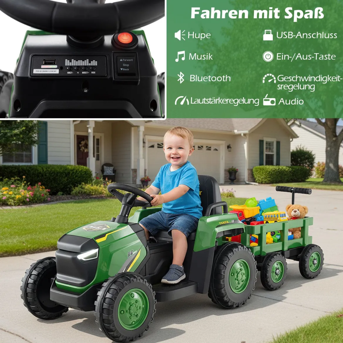 Kinder Rutsch-Traktor Elektrofahrzeug mit abnehmbaren Anhänger & Fernbedienung Rutschauto Dunkelgrün