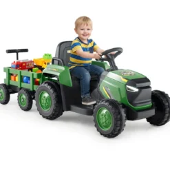 Kinder Rutsch-Traktor Elektrofahrzeug mit abnehmbaren Anhänger & Fernbedienung Rutschauto Dunkelgrün