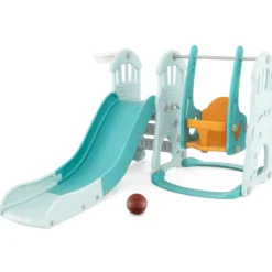 Kinderschaukel mit höhenverstellbarer Babyrutsche 4 in 1 Schaukel & Rutsche & Basketballkorb & Leiter Grün