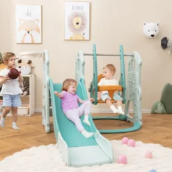 Kinderschaukel mit höhenverstellbarer Babyrutsche 4 in 1 Schaukel & Rutsche & Basketballkorb & Leiter Grün