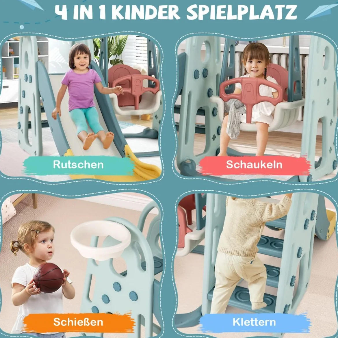 Kinderschaukel mit Rutsche höhenverstellbarer Sitz 4 in 1 Schaukel & Rutsche & Basketballkorb & Leiter für Kinder ab 18 Monaten