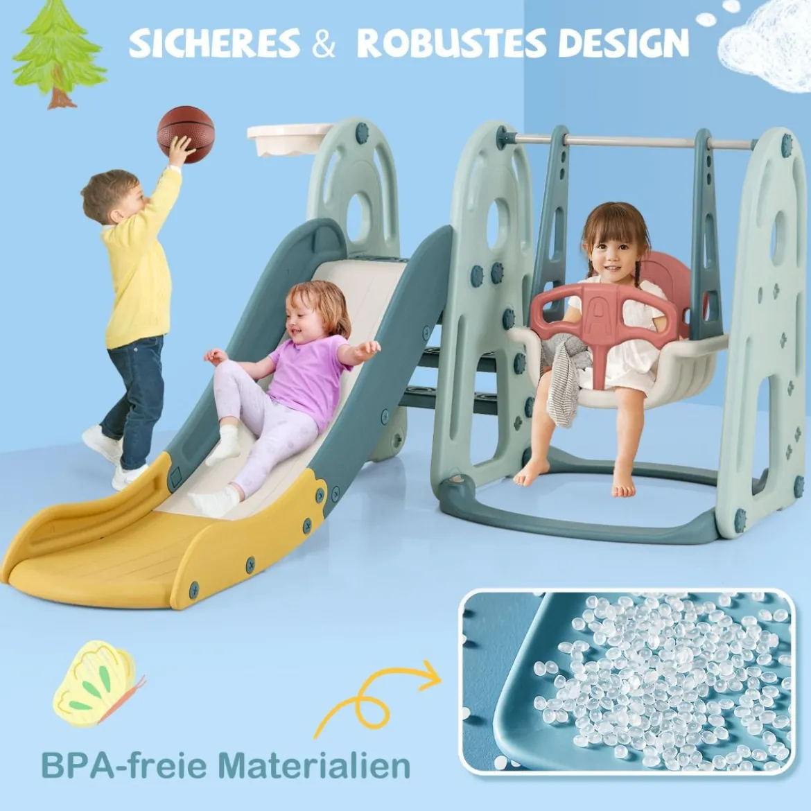 Kinderschaukel mit Rutsche höhenverstellbarer Sitz 4 in 1 Schaukel & Rutsche & Basketballkorb & Leiter für Kinder ab 18 Monaten