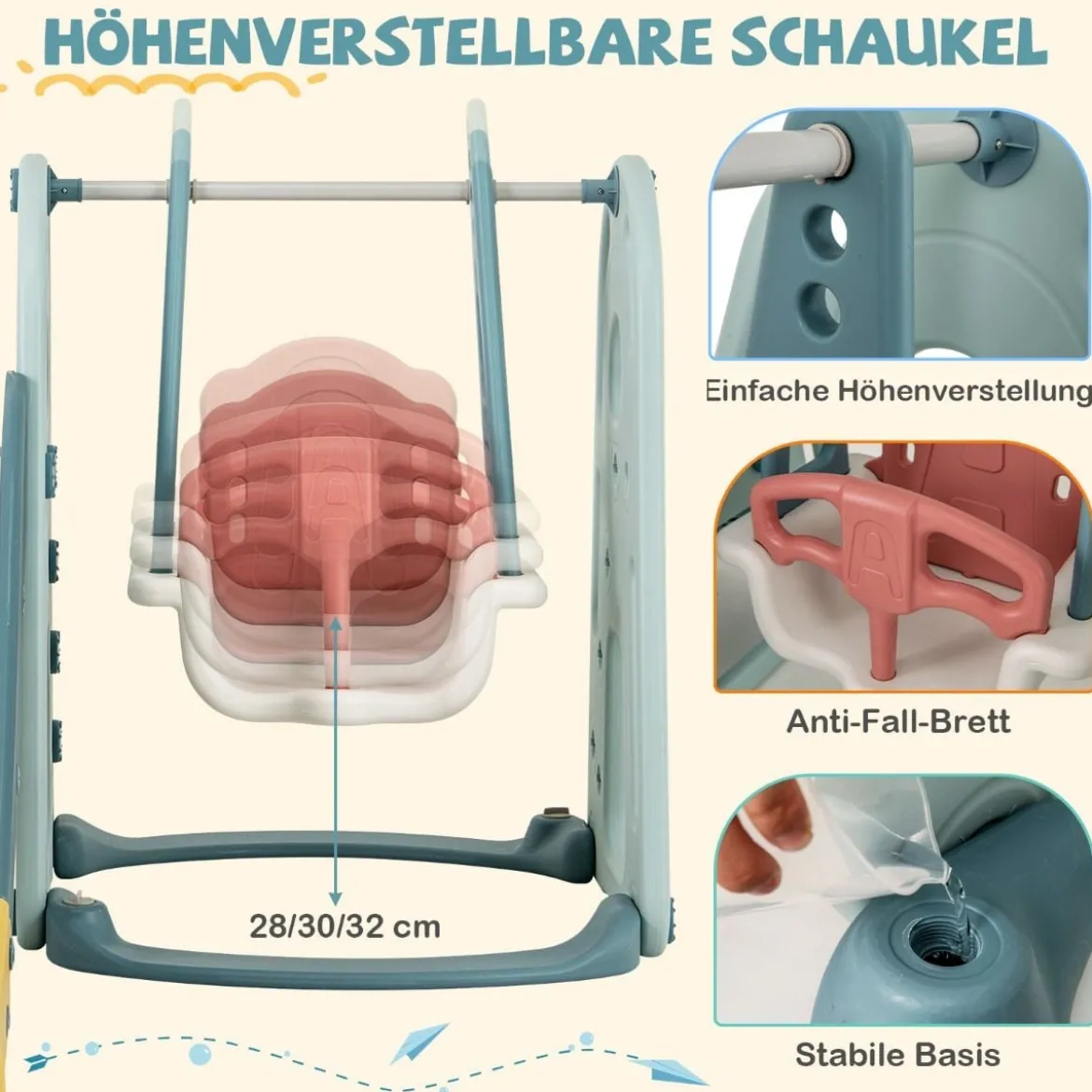 Kinderschaukel mit Rutsche höhenverstellbarer Sitz 4 in 1 Schaukel & Rutsche & Basketballkorb & Leiter für Kinder ab 18 Monaten