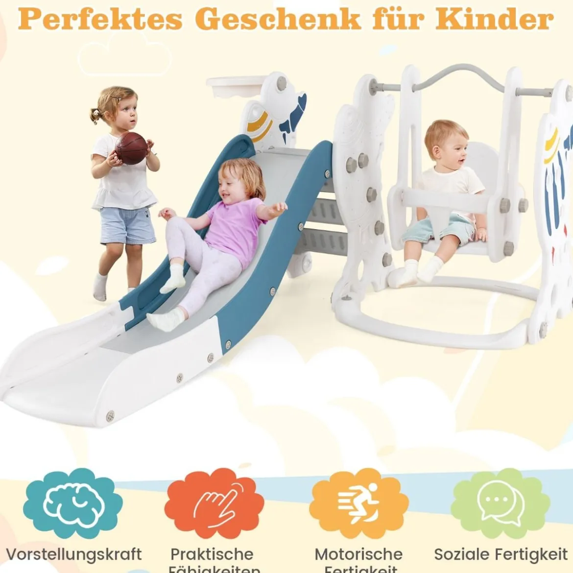 Kinderschaukel mit Rutsche 4 in 1 Schaukel & Rutsche & Basketballkorb & Leiter 185 x 150 x 92 cm