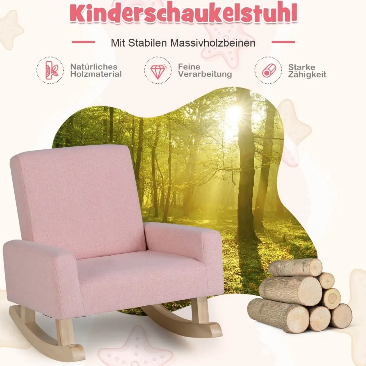 Kinderschaukelstuhl Gepolsterter Kindersessel aus Pappelholz für Kinderzimmer Rosa