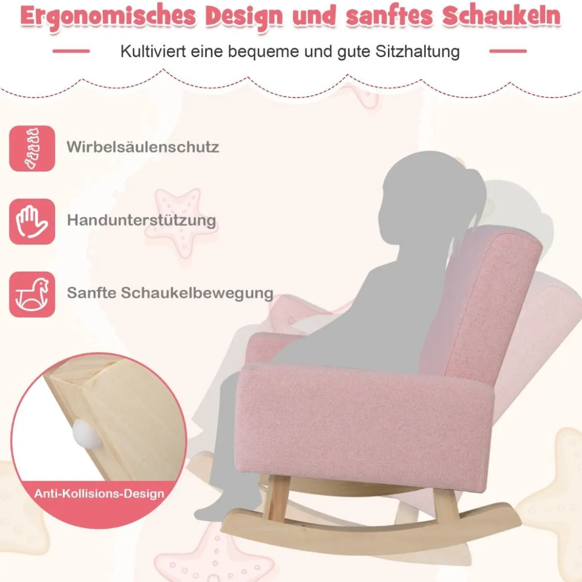 Kinderschaukelstuhl Gepolsterter Kindersessel aus Pappelholz für Kinderzimmer Rosa