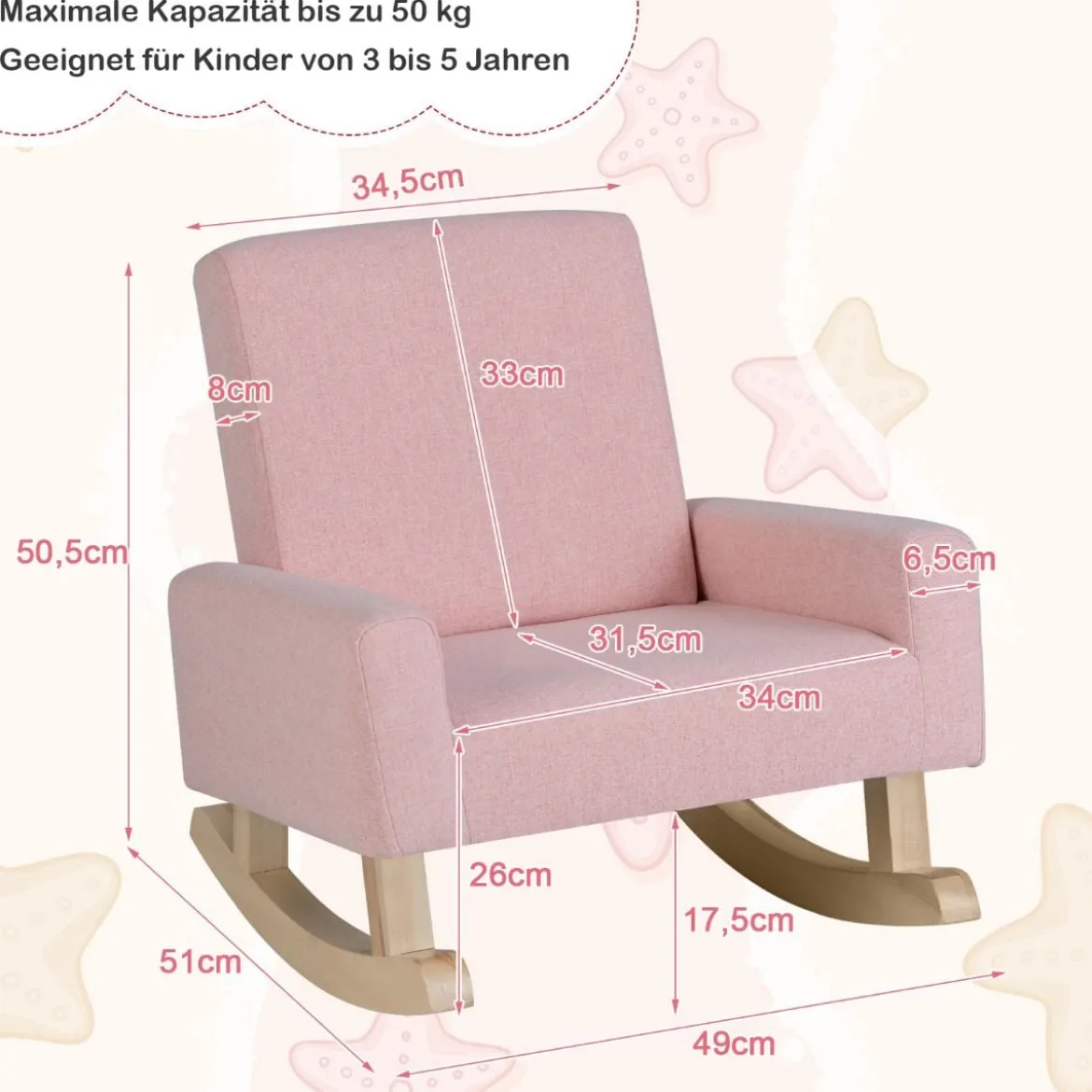 Kinderschaukelstuhl Gepolsterter Kindersessel aus Pappelholz für Kinderzimmer Rosa