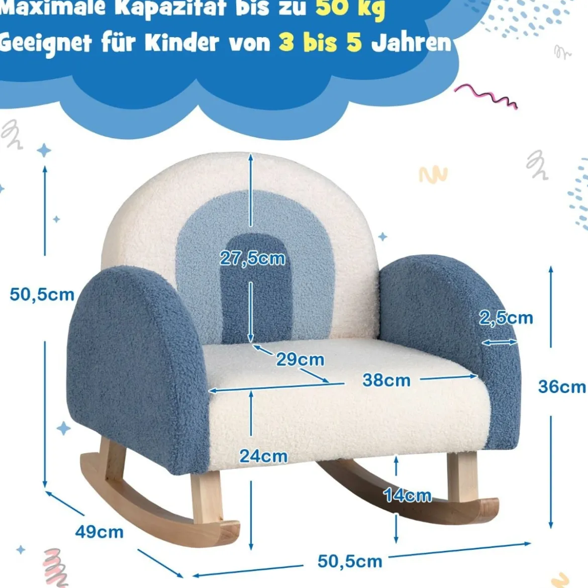 Kinderschaukelstuhl Teddy-Plüsch-Sessel mit Schaukelbeinen aus Pappelholz Blau