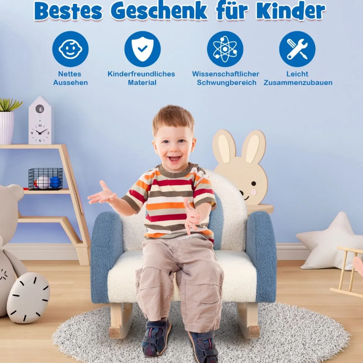 Kinderschaukelstuhl Teddy-Plüsch-Sessel mit Schaukelbeinen aus Pappelholz Blau