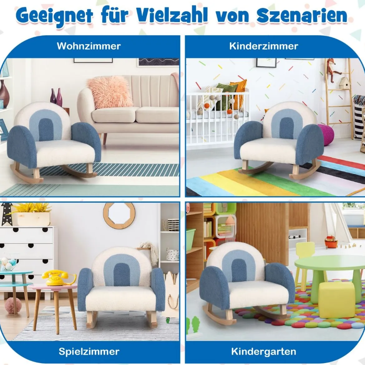 Kinderschaukelstuhl Teddy-Plüsch-Sessel mit Schaukelbeinen aus Pappelholz Blau