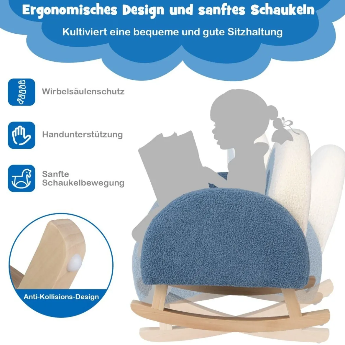 Kinderschaukelstuhl Teddy-Plüsch-Sessel mit Schaukelbeinen aus Pappelholz Blau