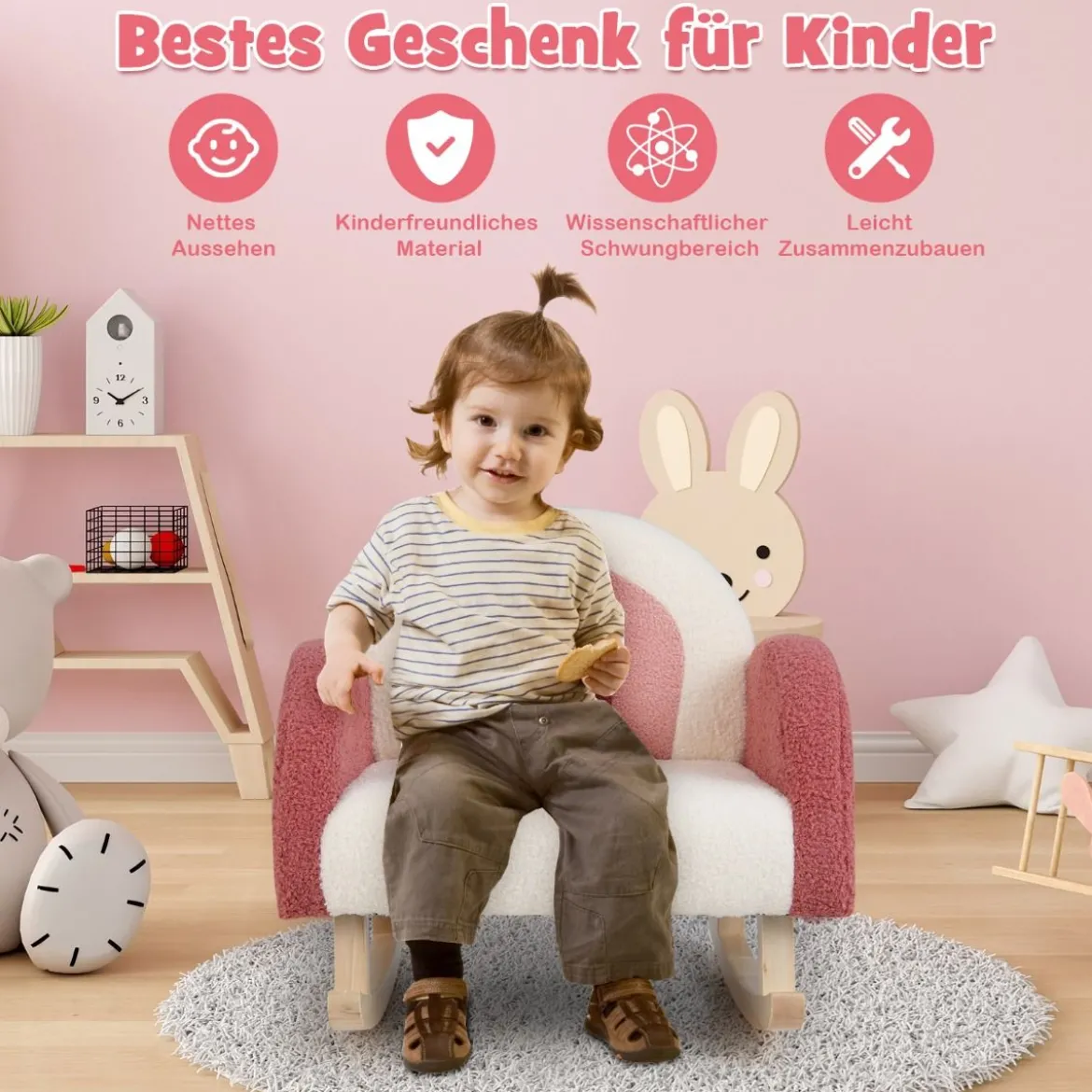 Kinderschaukelstuhl Teddy-Plüsch-Sessel mit Schaukelbeinen aus Pappelholz Rot
