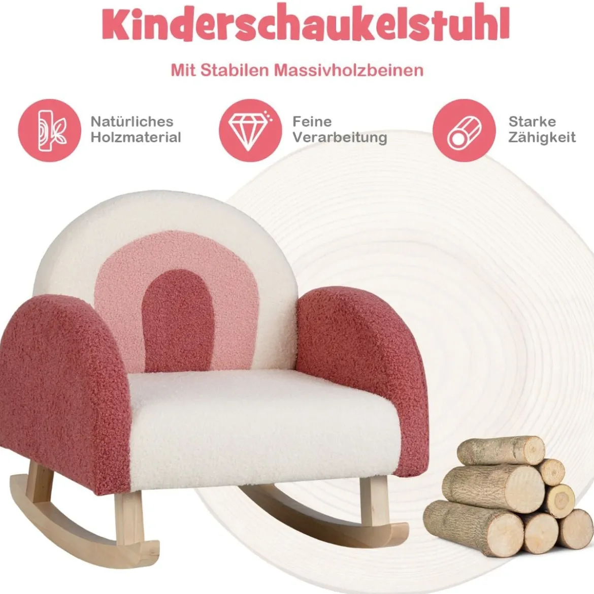 Kinderschaukelstuhl Teddy-Plüsch-Sessel mit Schaukelbeinen aus Pappelholz Rot