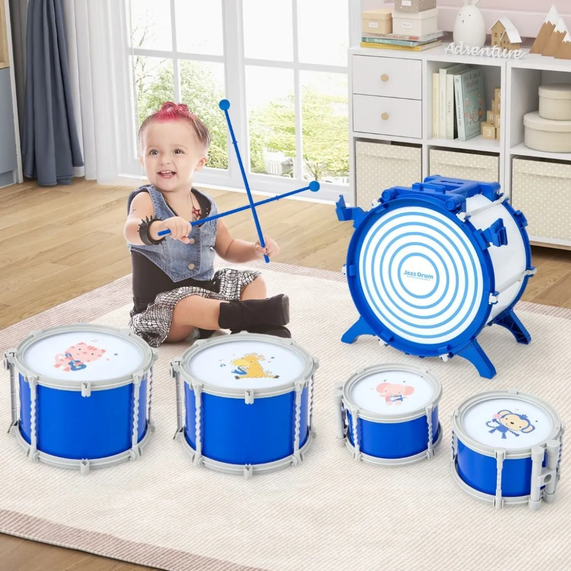 Kinder Schlagzeug Set mit Hocker & Notenständer & Fußpedal Trommel Set Schlaginstrument Blau