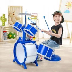 Kinder Schlagzeug Set mit Hocker & Notenständer & Fußpedal Trommel Set Schlaginstrument Blau