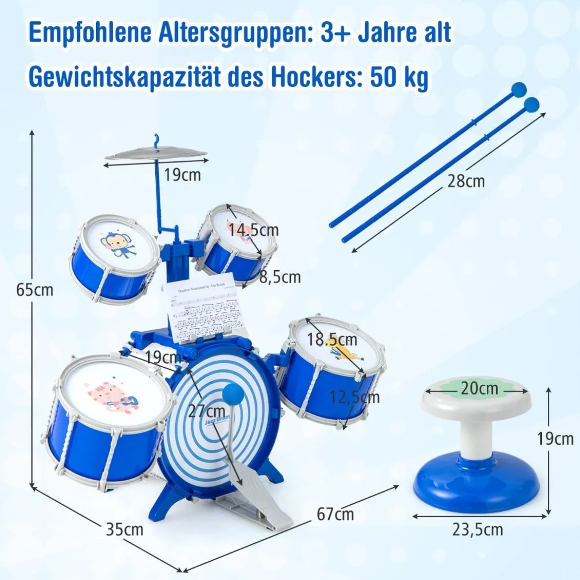 Kinder Schlagzeug Set mit Hocker & Notenständer & Fußpedal Trommel Set Schlaginstrument Blau