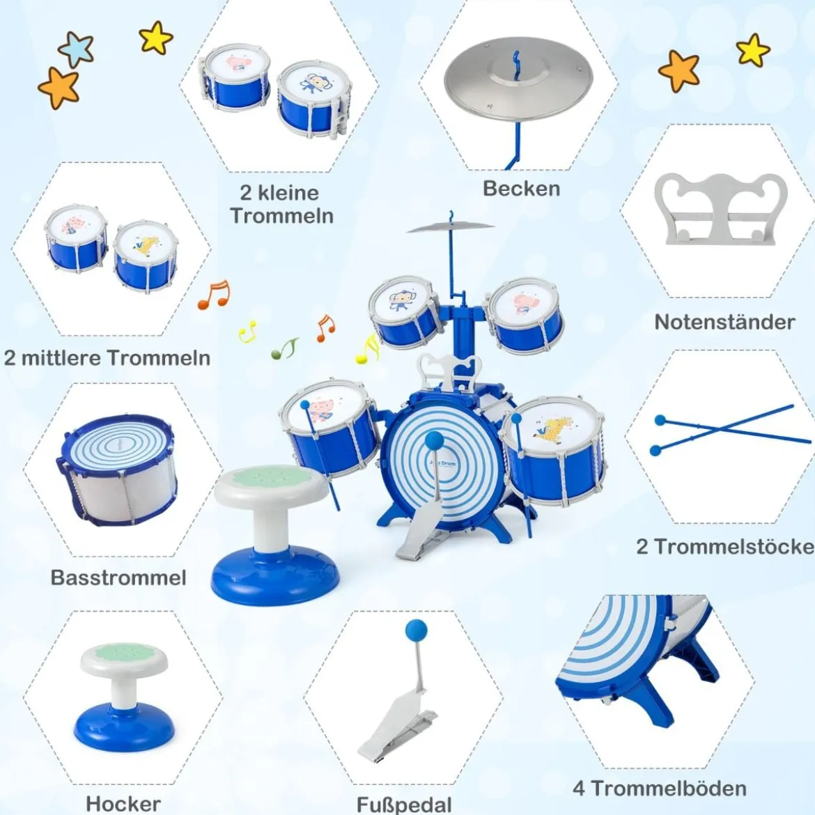 Kinder Schlagzeug Set mit Hocker & Notenständer & Fußpedal Trommel Set Schlaginstrument Blau